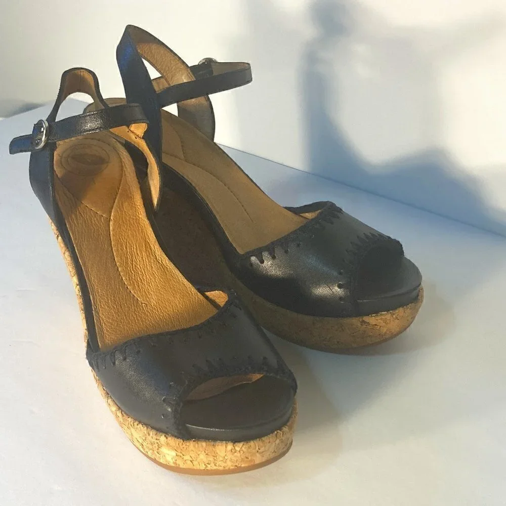Nurture by Lamaze SZ 9.5 Tango Black leather peep toe cork wedge sandals